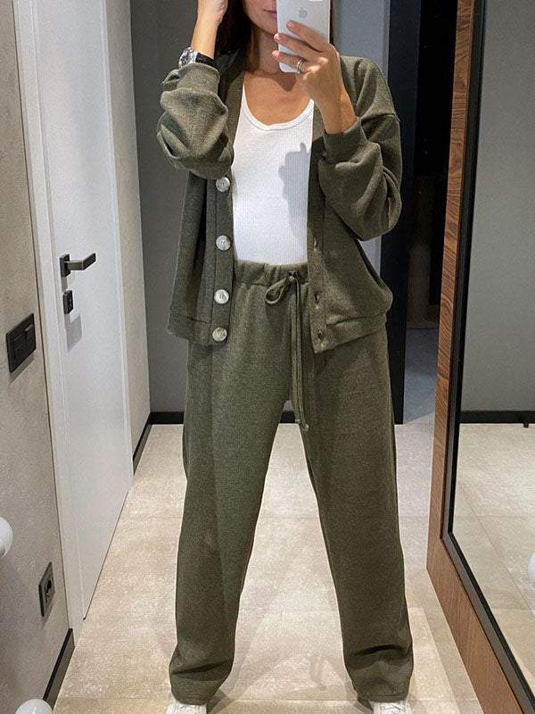 Ensemble décontracté confortable pull à col en V et pantalon