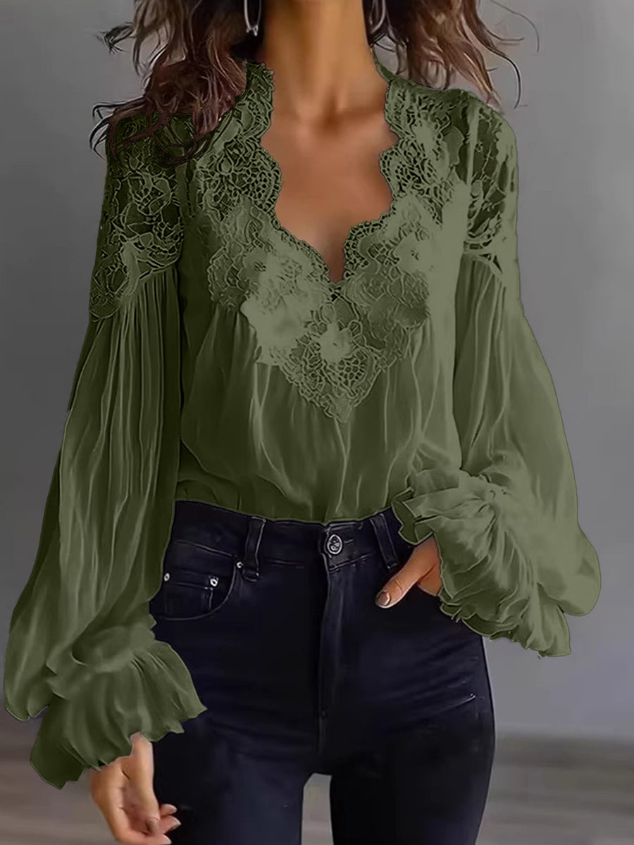Blouse Femme en Dentelle à Manches Bouffantes Patchwork