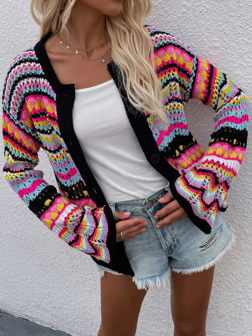 Cardigan Coloré en Tricot à Motifs
