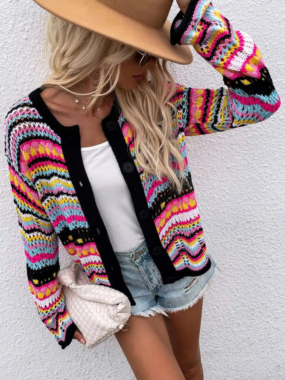 Cardigan Coloré en Tricot à Motifs