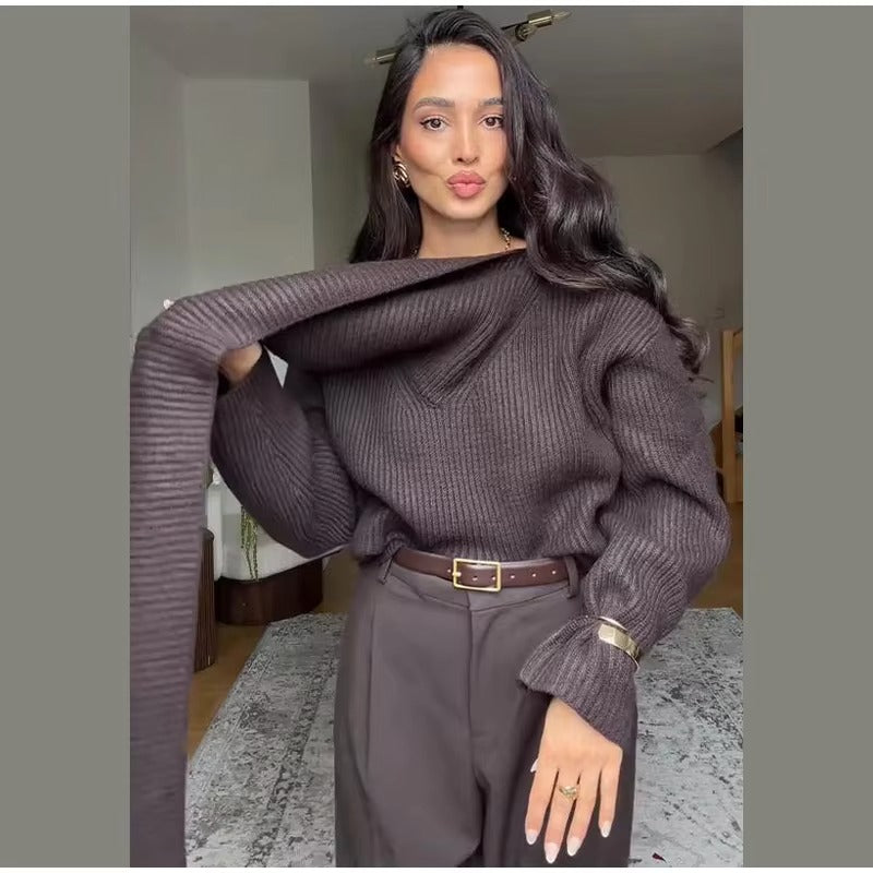 Pull côtelé marron chocolat avec écharpe intégrée