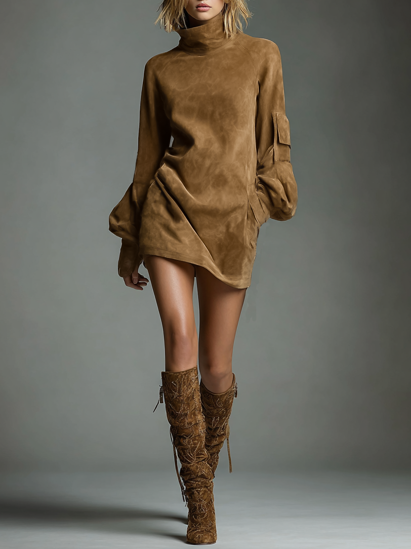 Robe mini vintage en daim à col roulé – Style chic sans effort