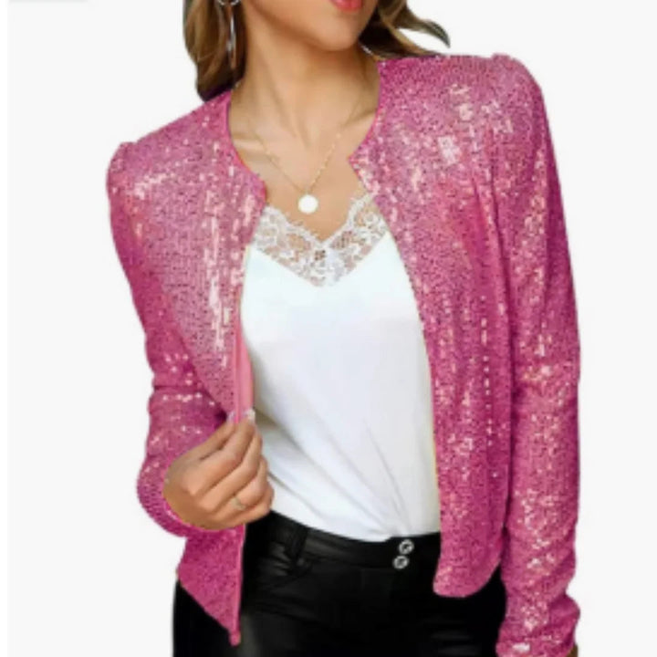 Veste de fête scintillante à sequins avec fermeture éclair frontale
