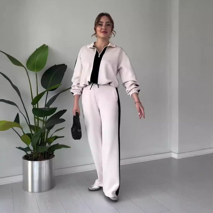 Ensemble chic 2 pièces : haut à col à zip et pantalon