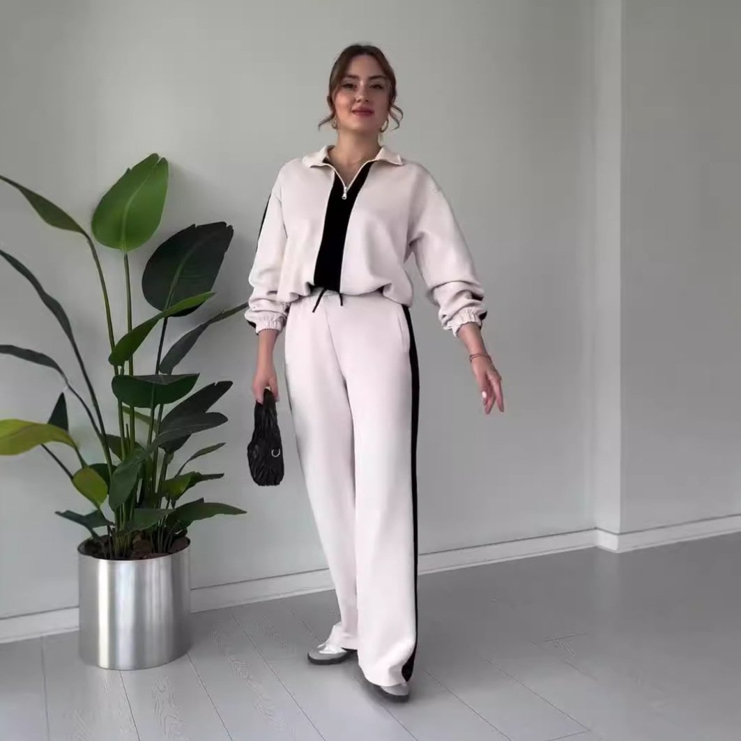 Ensemble chic 2 pièces : haut à col à zip et pantalon