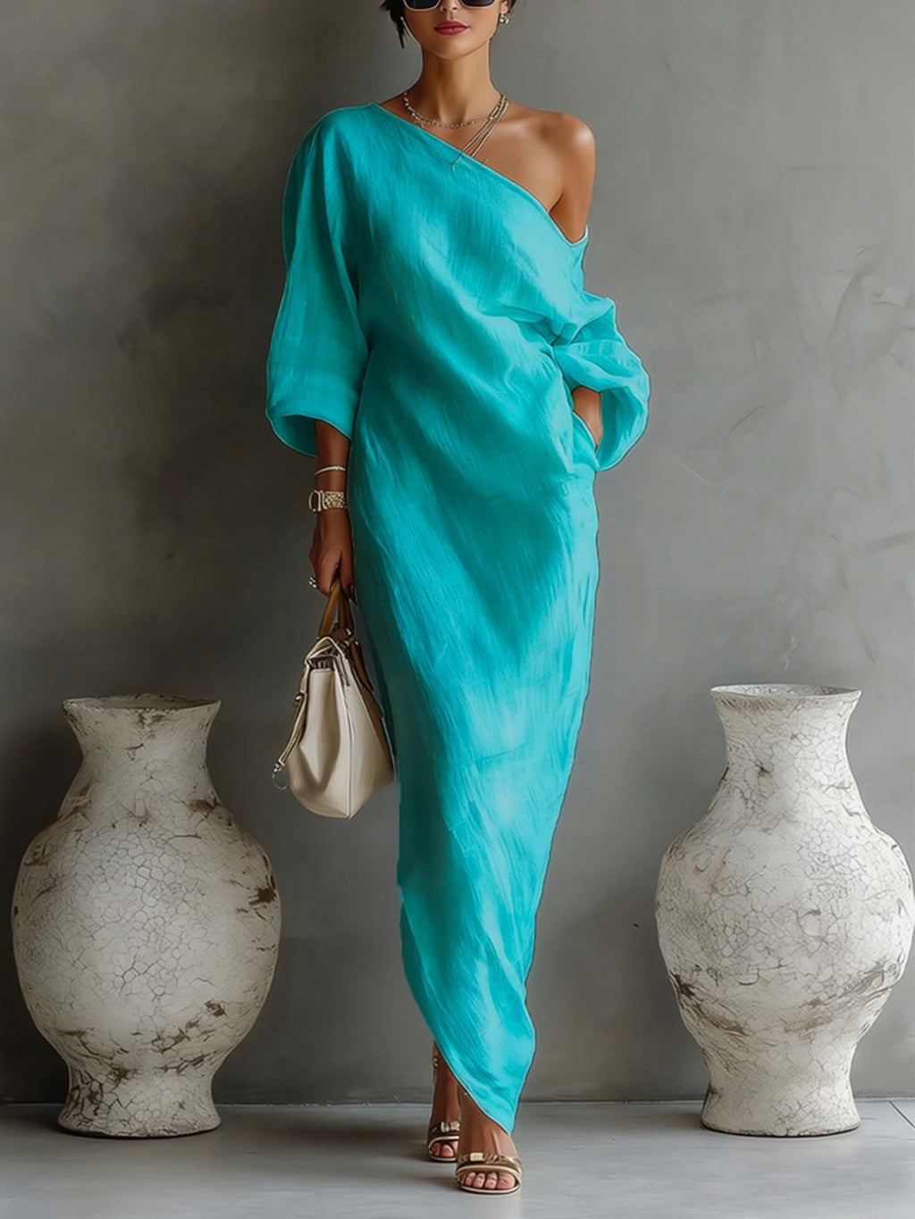 Robe Maxi en Lin à Manches Bouffantes pour Femme