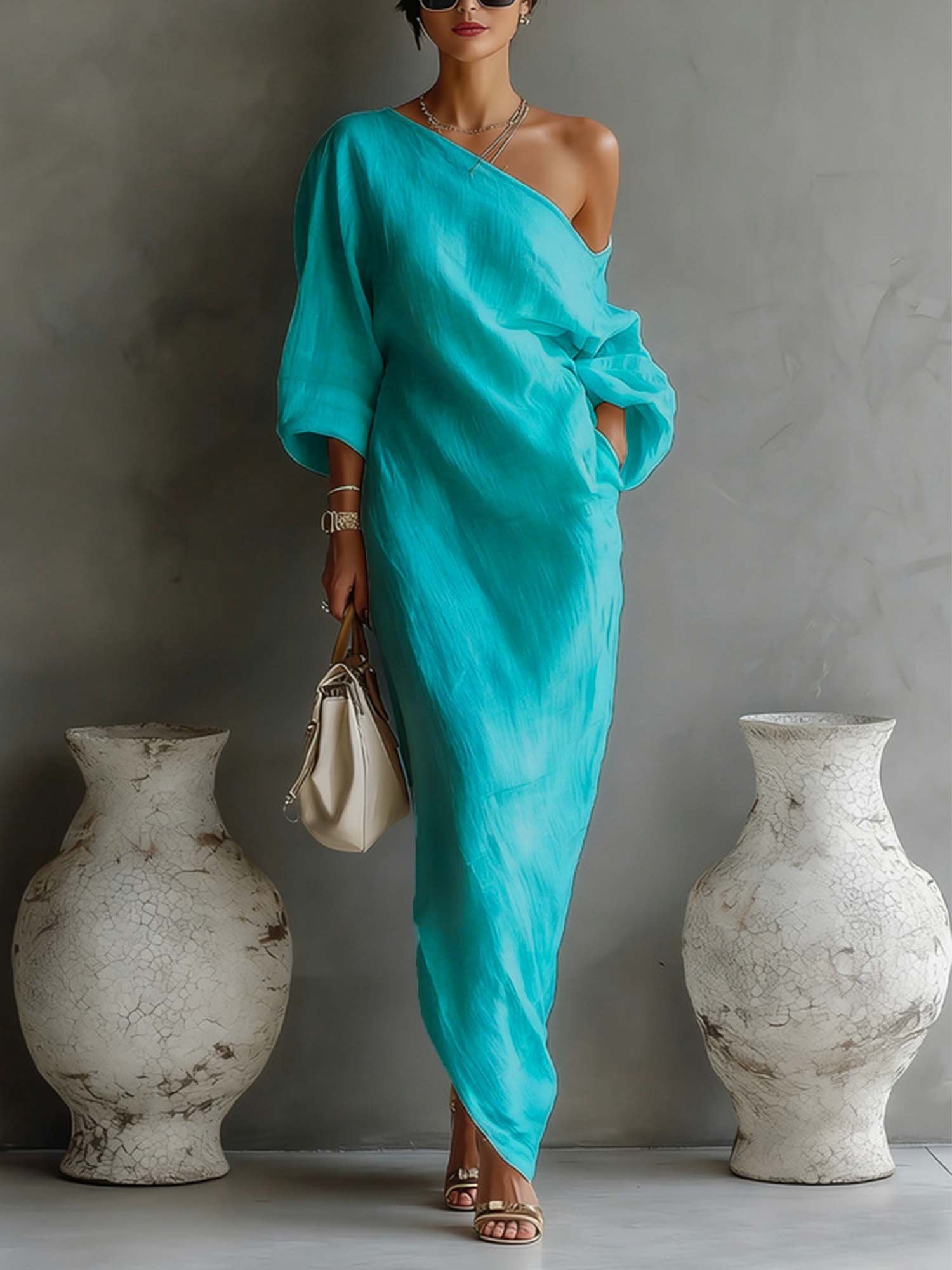 Robe Maxi en Lin à Manches Bouffantes pour Femme