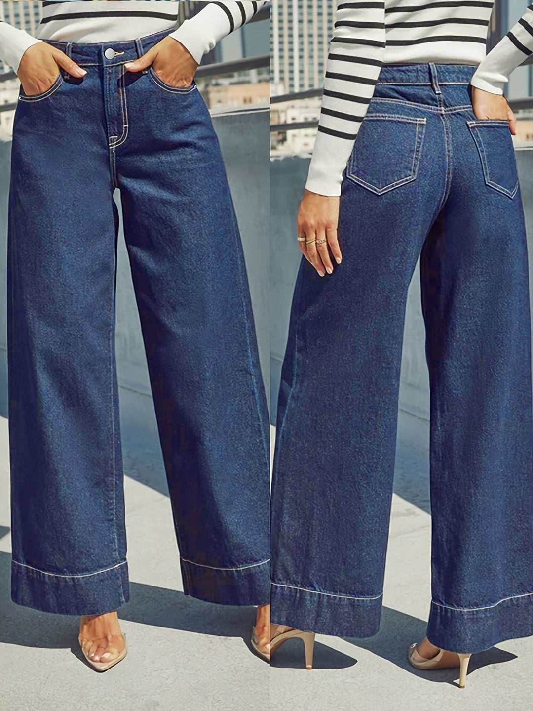 Jean en denim extensible taille haute à jambes larges avec ourlet retourné