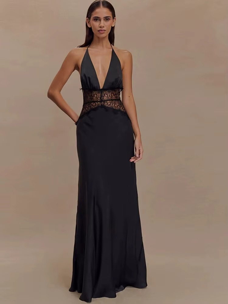 Robe Maxi Dos Nu à Panneaux en Dentelle et Col Halter
