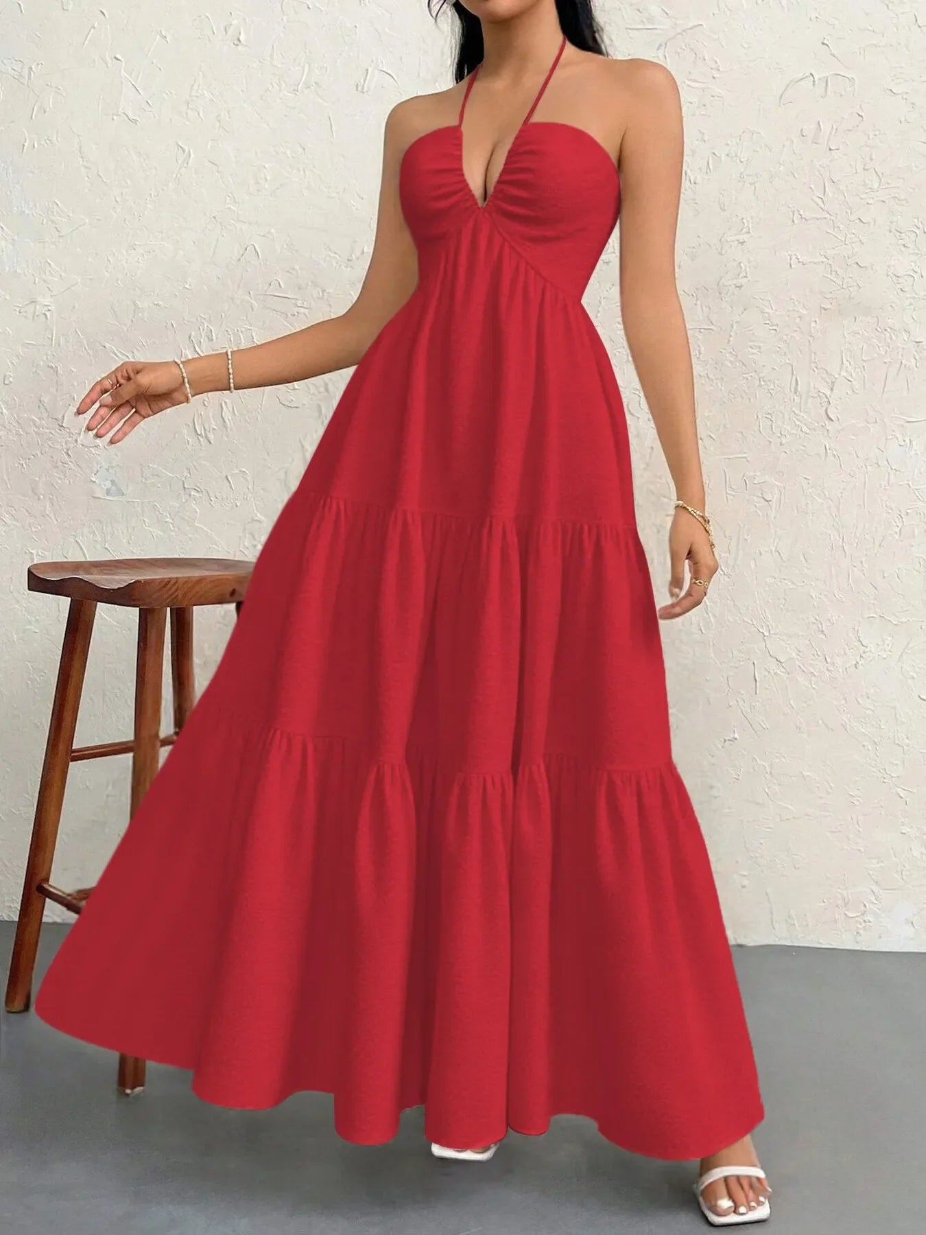 Robe Longue À Étage Dos Nu à Col Halter