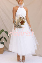Robe longue en tulle à col licou avec détails froncés