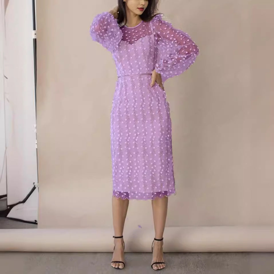 Robe à manches bouffantes en tulle brodé de fleurs pour femmes