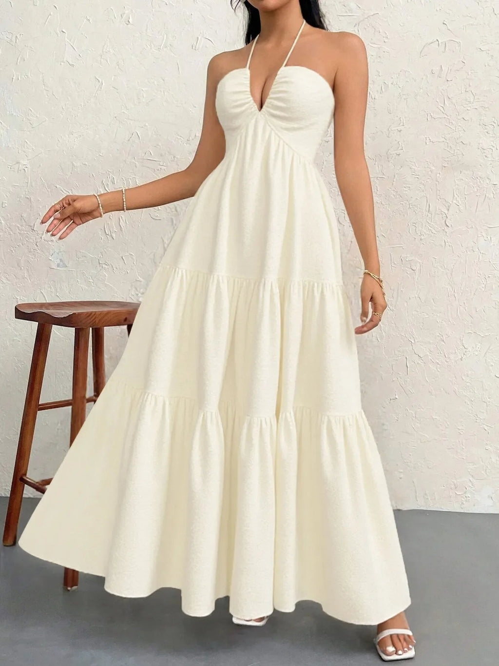 Robe Longue À Étage Dos Nu à Col Halter