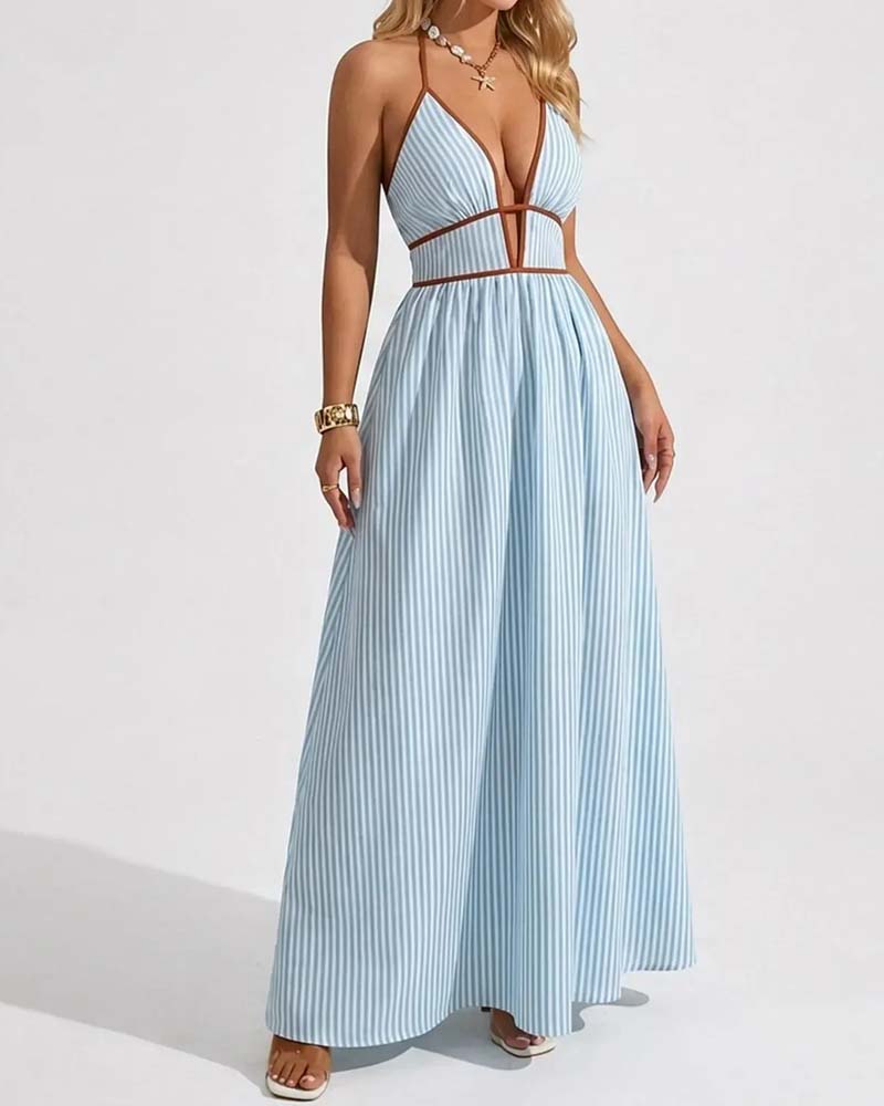 Détail du tissu rayé de la robe longue sans manches femme