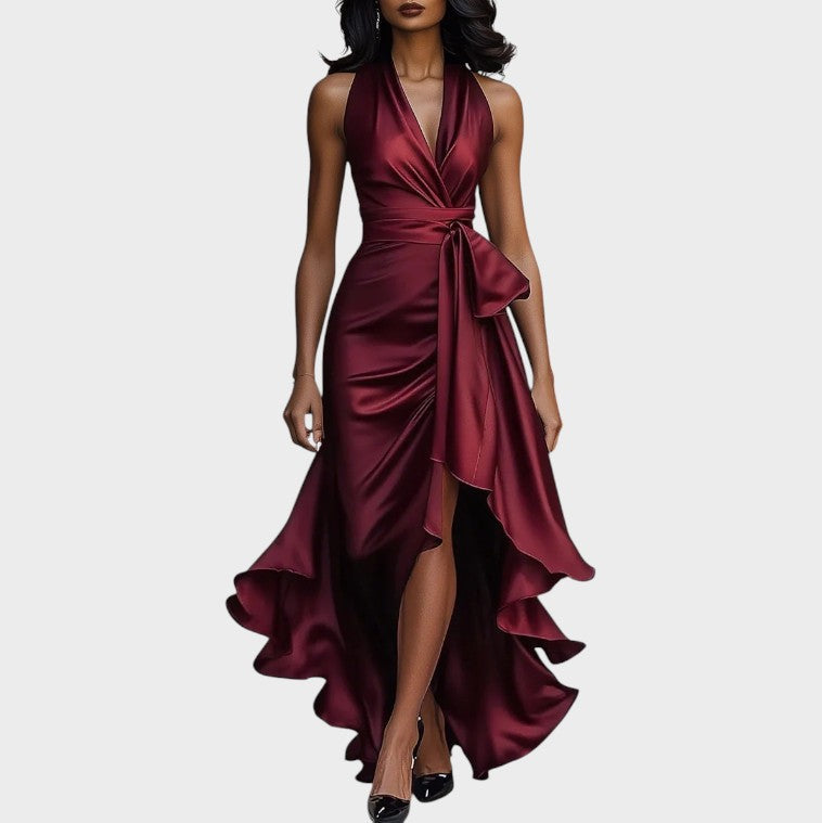Robe dos nu en satin midnight avec détail volanté