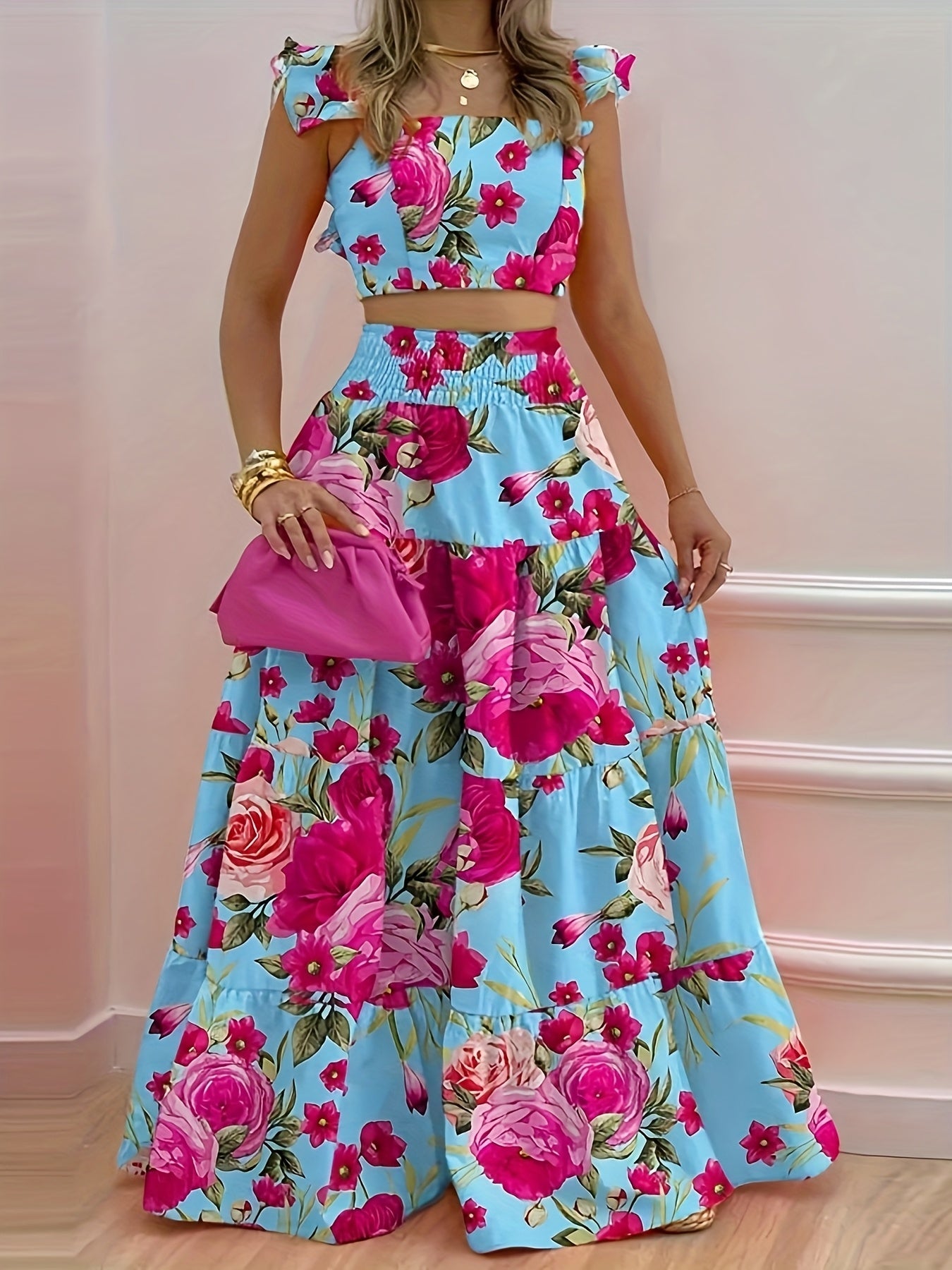 Ensemble bustier volanté floral et jupe longue évasée