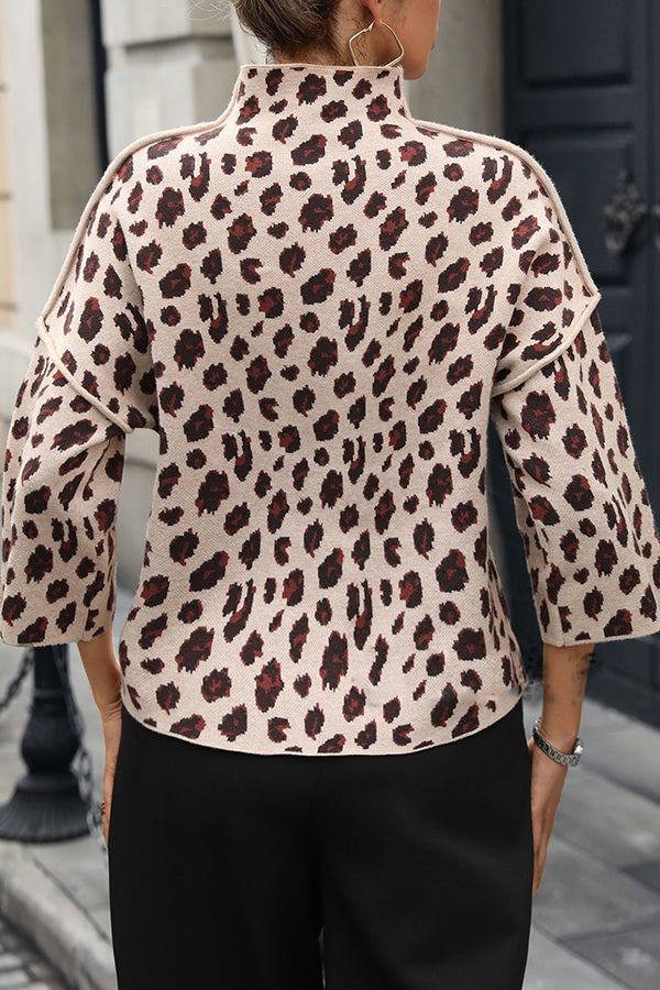 Pull en tricot à motif léopard confortable avec col roulé ample