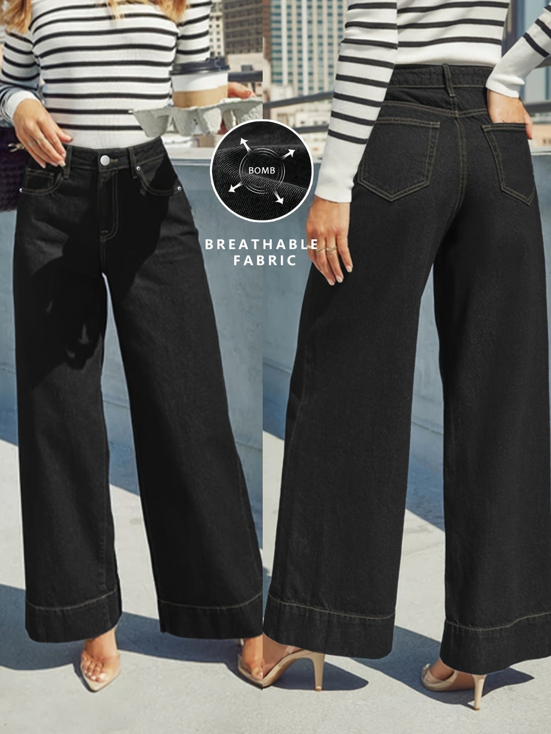 Jean en denim extensible taille haute à jambes larges avec ourlet retourné