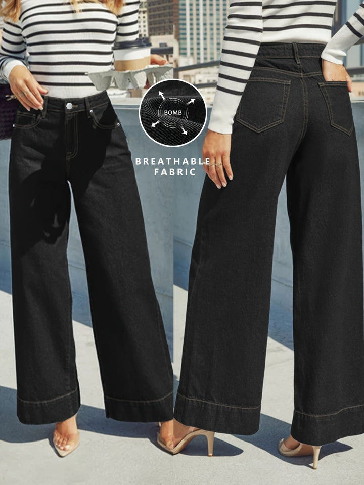 Jean en denim extensible taille haute à jambes larges avec ourlet retourné
