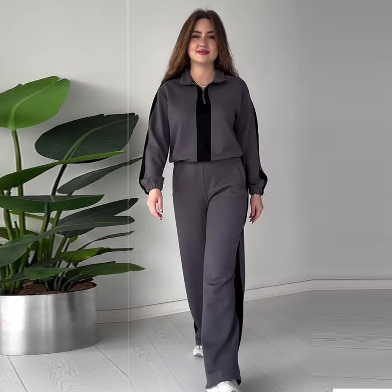 Ensemble chic 2 pièces : haut à col à zip et pantalon