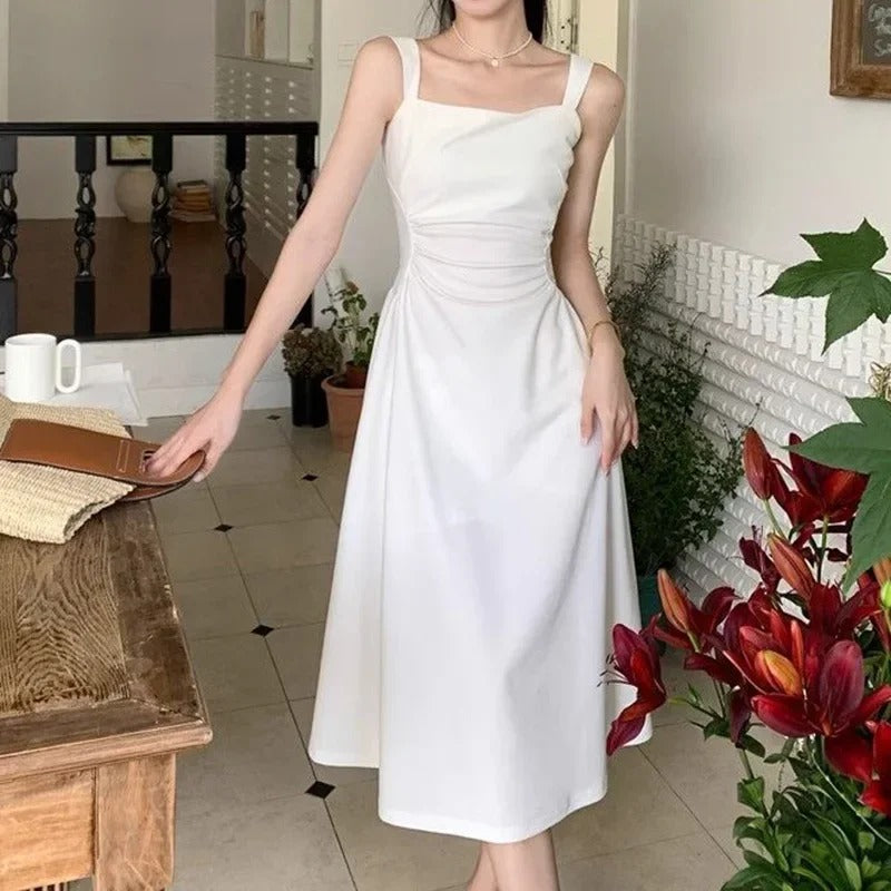 Pauline Laurent® | Robe midi blanche à encolure carrée