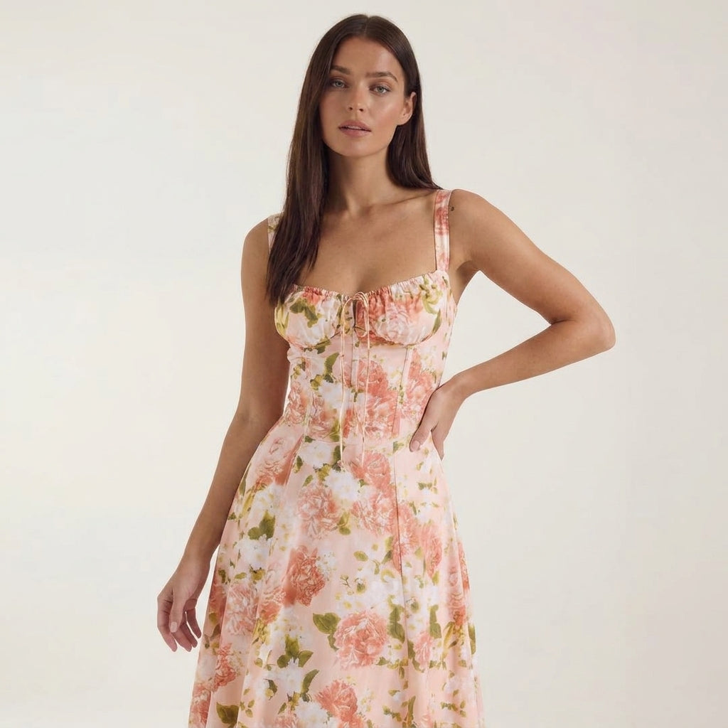 Robe midi fleurie pour femmes, idéale pour les invitées de mariage