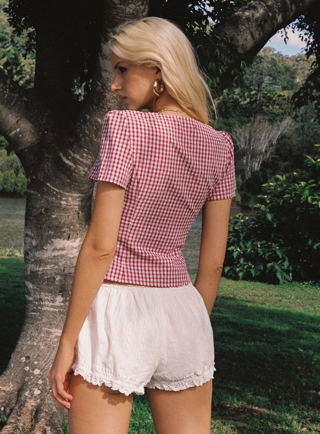 Haut court en vichy miel pour femme, blouse décontractée