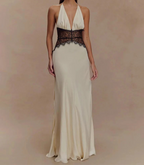 Robe Maxi Dos Nu à Panneaux en Dentelle et Col Halter