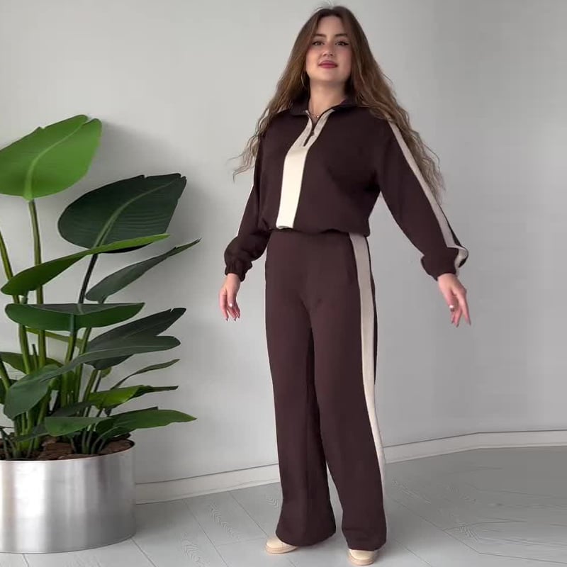 Ensemble chic 2 pièces : haut à col à zip et pantalon