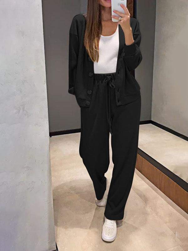 Ensemble décontracté confortable pull à col en V et pantalon