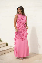 Robe maxi longue rose à fleurs sans manches pour femme