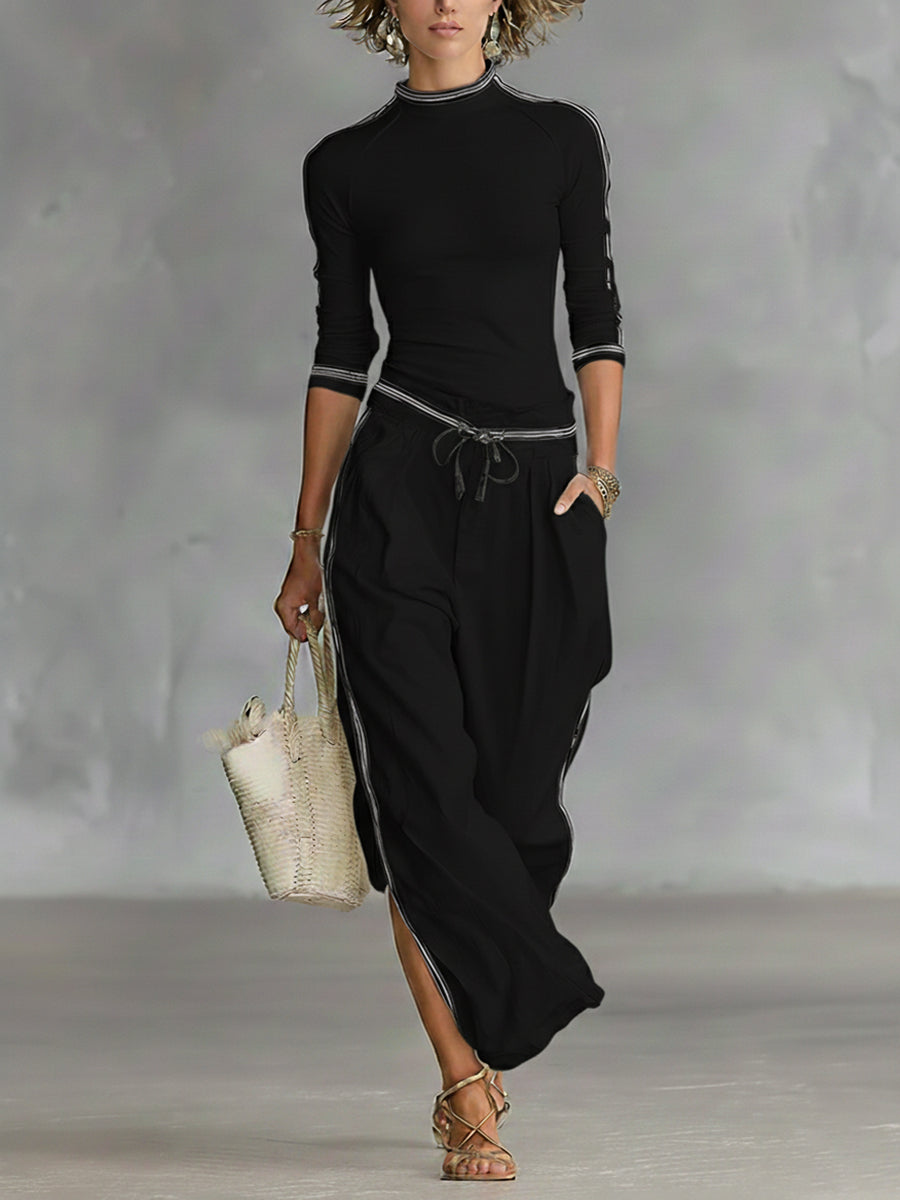 Ensemble deux pièces : haut en maille extensible confortable et pantalon en lin coton
