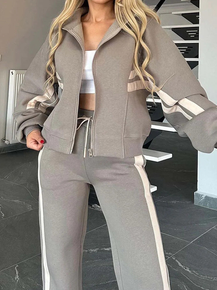 Ensemble décontracté confortable à fermeture éclair comprenant sweat-shirt et pantalon 2 pièces