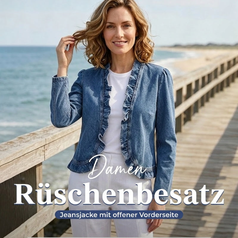 Veste en jean pour femmes avec bordure à volants et devant ouvert