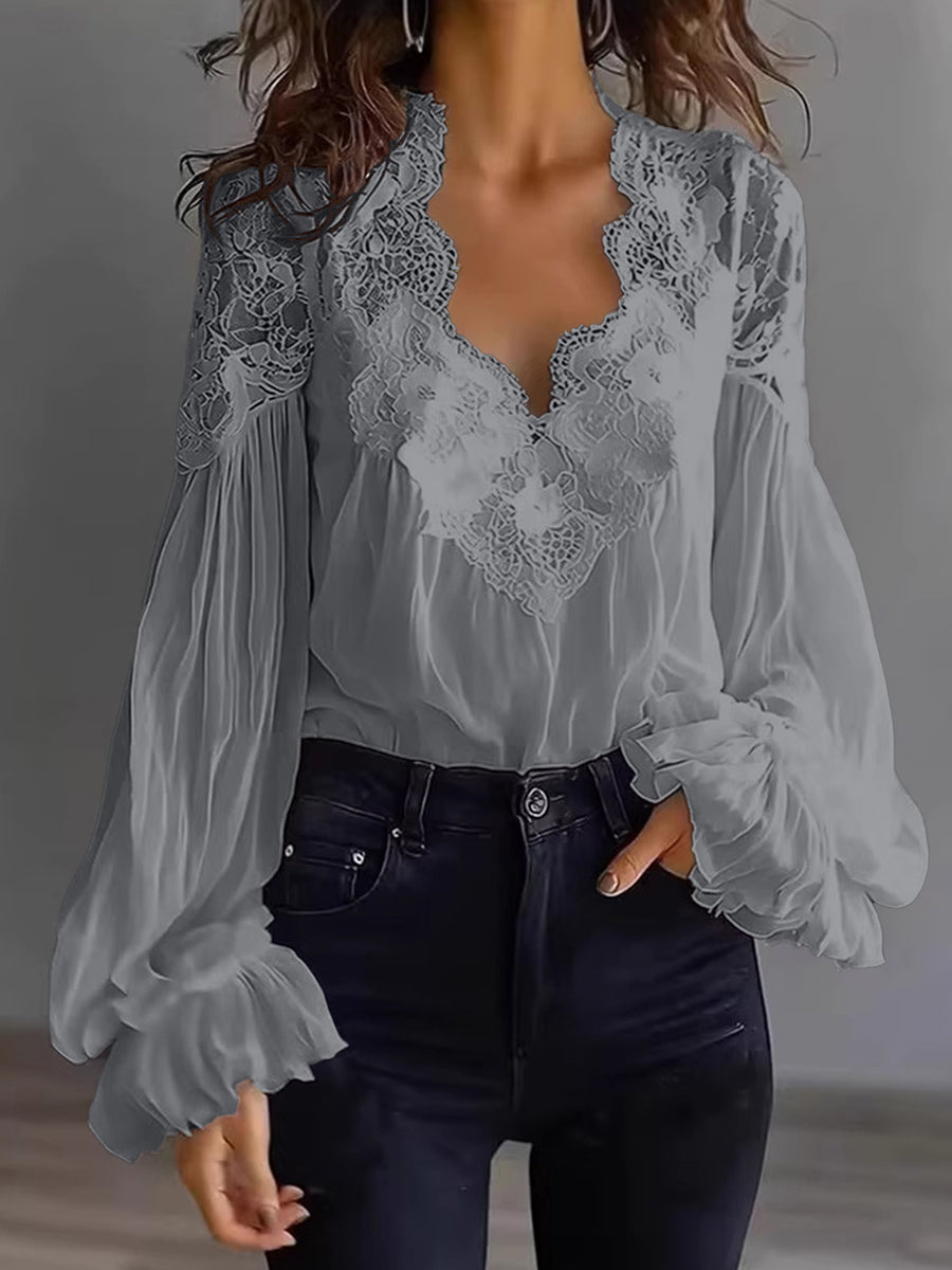Blouse Femme en Dentelle à Manches Bouffantes Patchwork