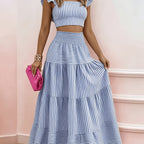 Ensemble bustier volanté floral et jupe longue évasée