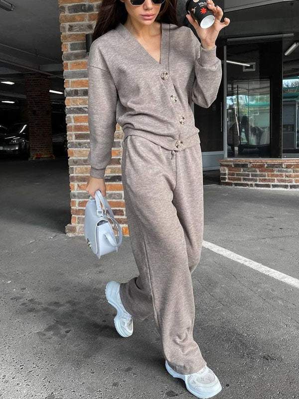 Ensemble décontracté confortable pull à col en V et pantalon
