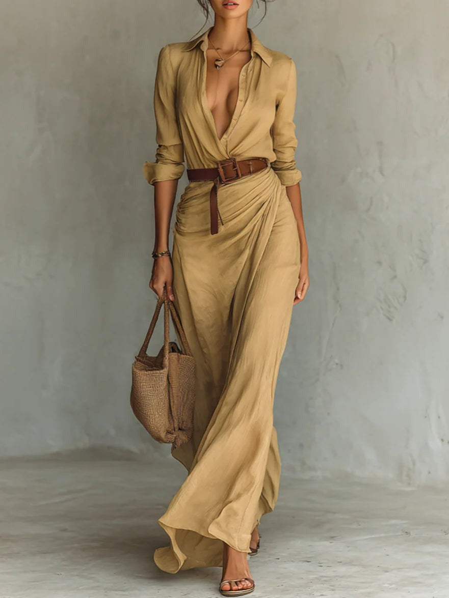 Robe longue élégante sur mesure à manches longues avec col à revers