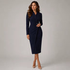 Robe midi portefeuille à manches longues ajustée pour femme avec col en V