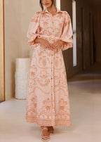 Sophie Paris I Robe chemise en lin imprimé rose avec manches ballon et ceinture à nouer
