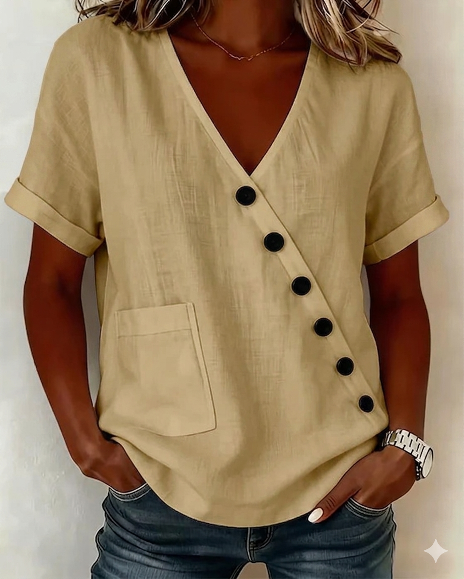 Blouse en coton à col en V avec patte de boutonnage diagonale