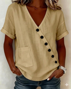 Blouse en coton à col en V avec patte de boutonnage diagonale