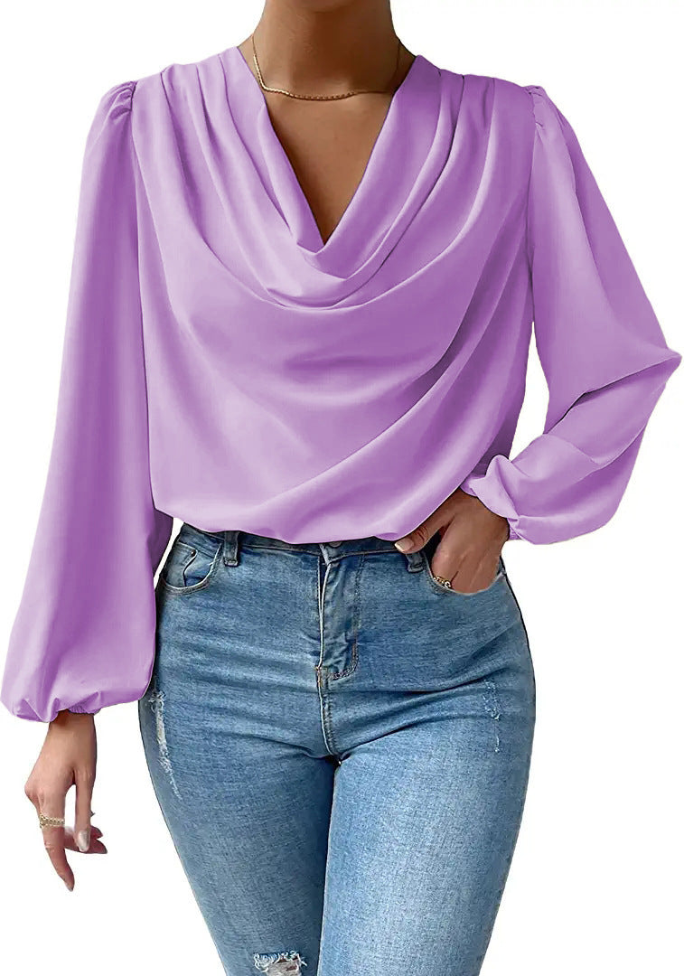 Océane Dubois® | Blouse Élégante Femme en Chiffon à Col Bénitier et Manches Longues