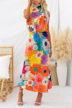Robe maxi fleurie sans manches à col noué
