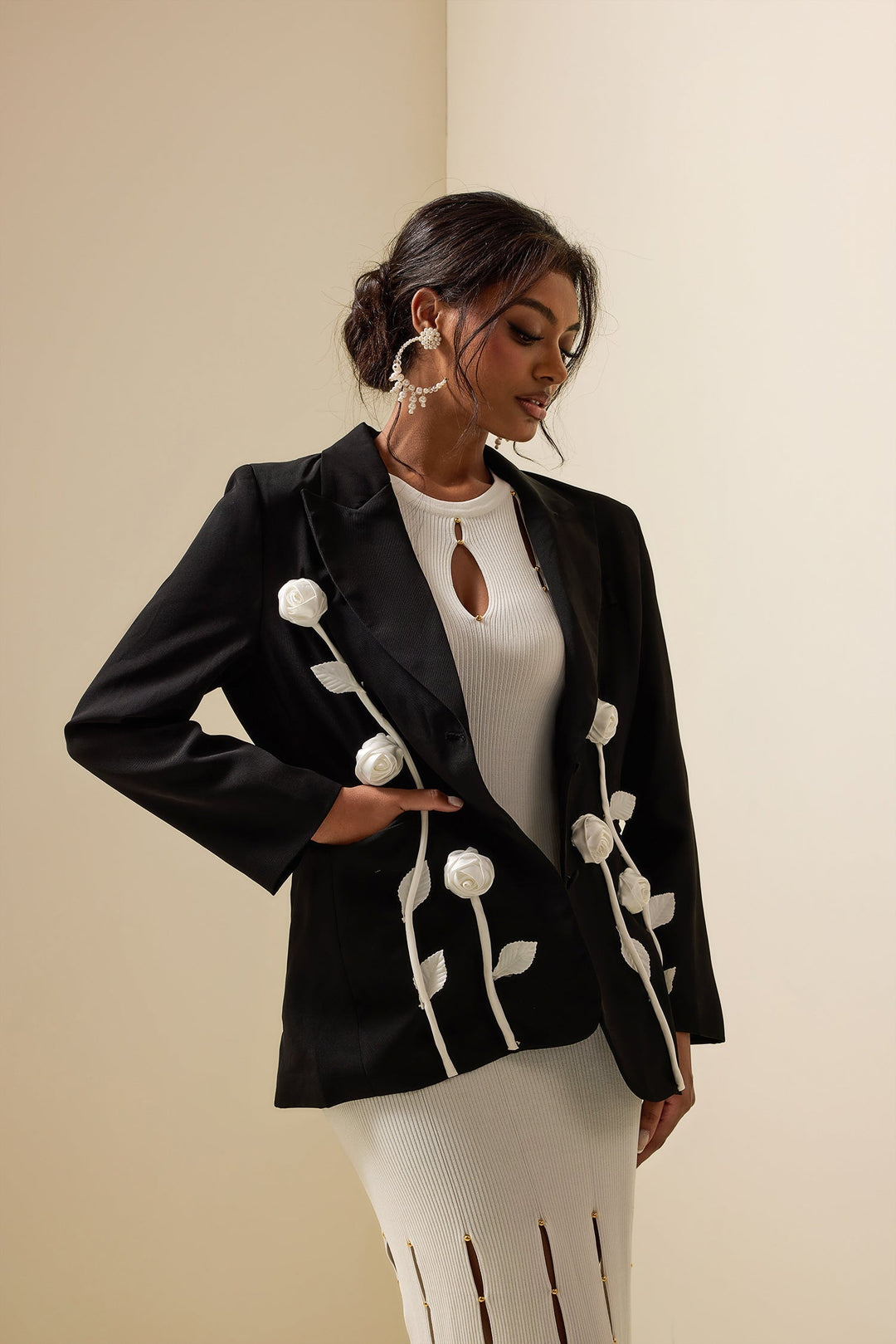 Veste Blazer à Manches Longues avec Contraste Fleuri