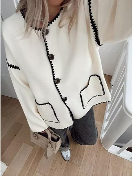 Ensemble Veste Détail Bordure & Pantalon Décontracté