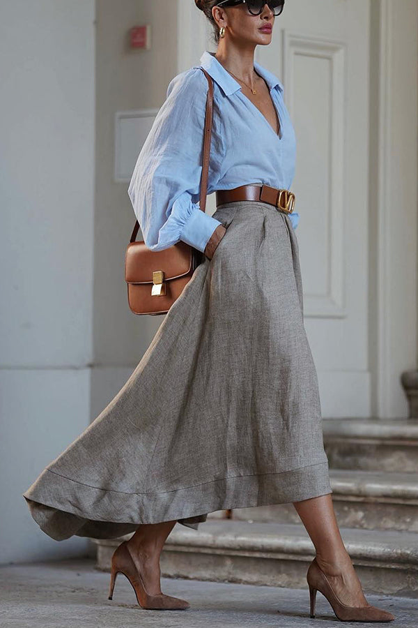 Jupe Maxi Asymétrique en Mélange de Lin avec Taille Élastique au Dos et Poches