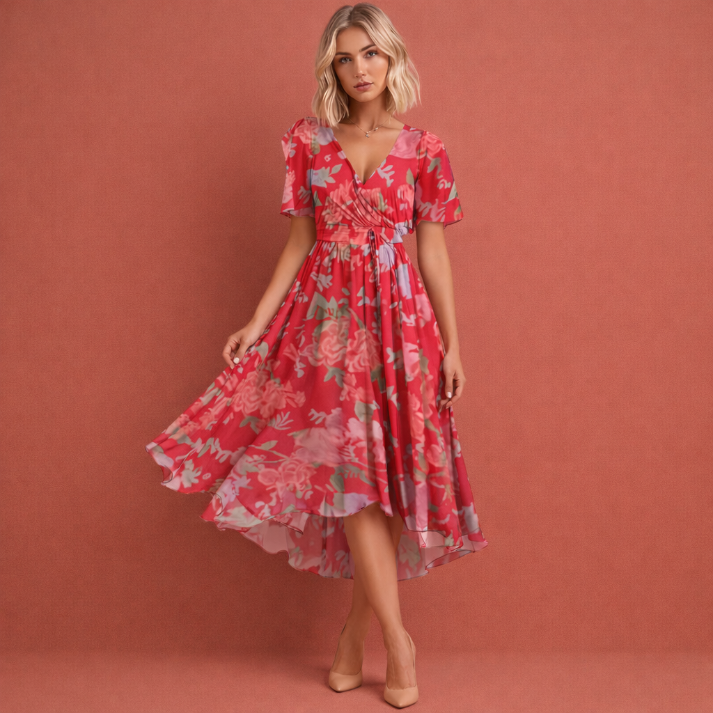 Robe midi à imprimé floral avec manches courtes pour femmes