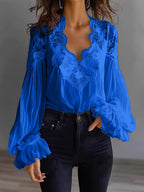 Blouse Femme en Dentelle à Manches Bouffantes Patchwork