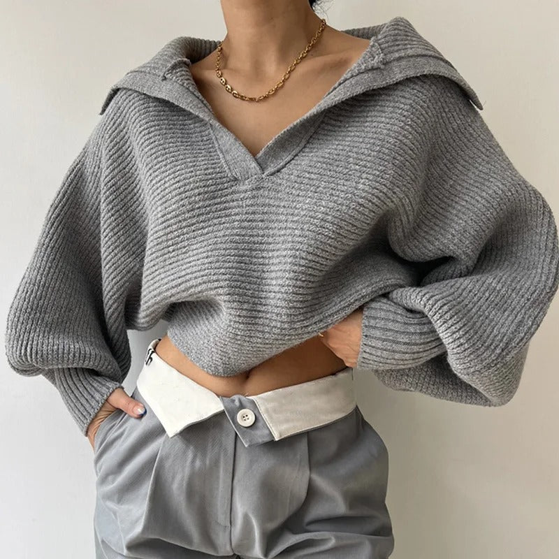 Pull en tricot col ouvert à manches lanterne confortable